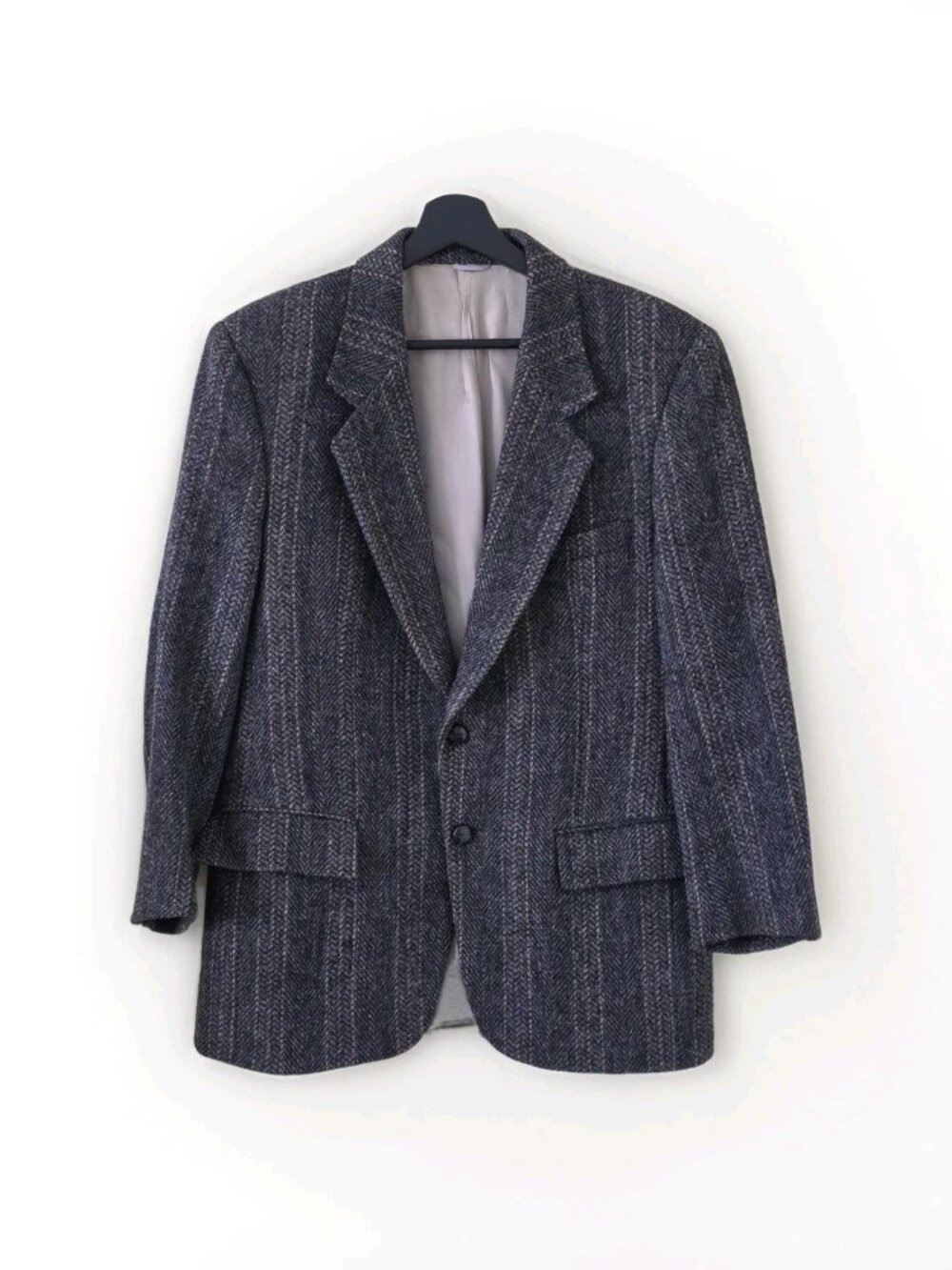 Vtg Harris Tweed Blazer Men 38S Gray Herringbone Handwoven Scotland Preppy FLAWS